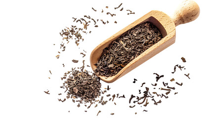 Scoop with dry hojicha green tea isolated on transparent background