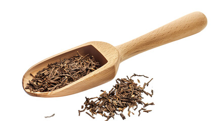 Scoop with dry hojicha green tea isolated on transparent background