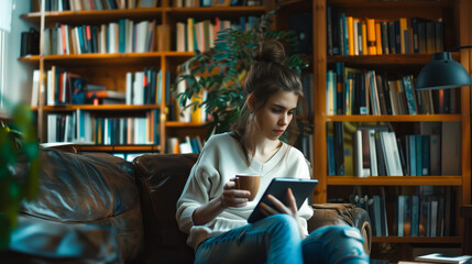a Russian model in a cozy office with wooden furniture and bookshelves, sitting on a sofa with a cup of coffee and a tablet