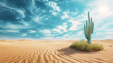 Desert landscape with a cactus under a clear blue sky