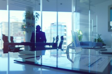 Modern office with charts on desk and businessman in background