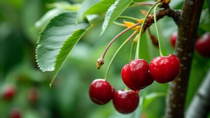 Obraz premium Branch of ripe cherries on a tree in a garden. selective focus. Generative Ai,