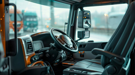 Interior of modern truck cabin with advanced dashboard controls