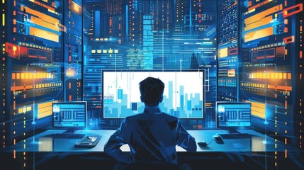 flat illustration, vintage postcard, System Administrator Day, office employee working at a computer, back view, night overtime