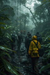 a group of tourists in raincoats exploring a muddy trail in a dense tropical rainforest during a heavy downpour, with lush green foliage glistening from the rain. traveling in rainy season concept.