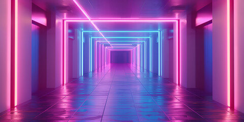 A hallway with neon lights and a purple background
