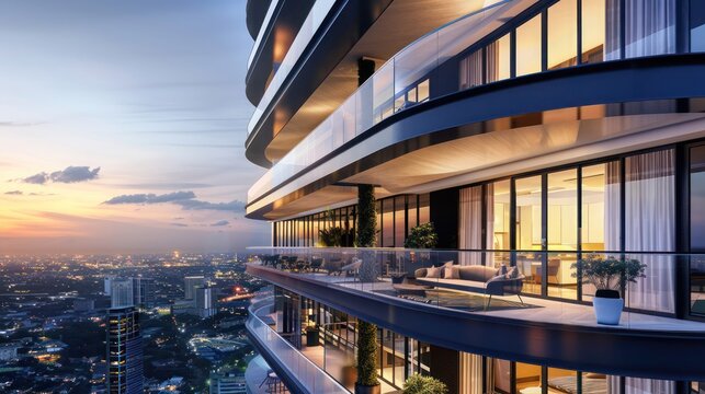 high-rise residential building with a modern design and large balconies offering city views