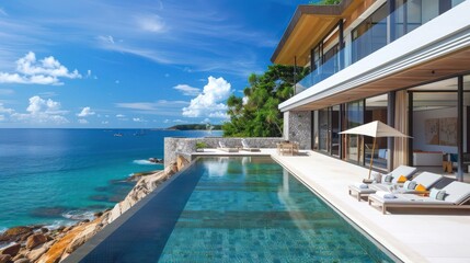 luxurious beachfront property with a contemporary design, infinity pool, and ocean views