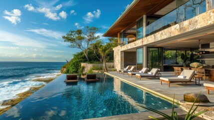luxurious beachfront property with a contemporary design, infinity pool, and ocean views