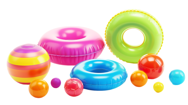 Set with colorful inflatable rings and balls isolated on transparent background