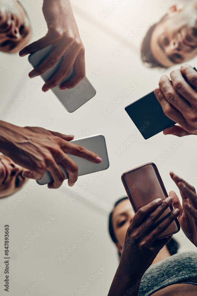 Aufkleber people, hands and below with phone for fitness schedule, workout or data sync at gym. low angle, clo