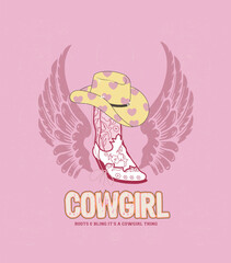 Boots bling its a cowgirl thing, Retro Cowgirl boots and hat. Colorful retro shooting stars. T-shirt or poster design of wild side. illustration of Cowgirl boot with western hat vector design.