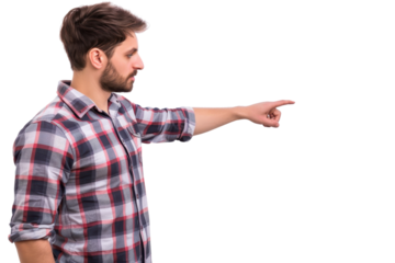 Man in a plaid shirt pointing to the side, isolated on a transparent background. He appears engaged and expressive, conveying direction or instruction.