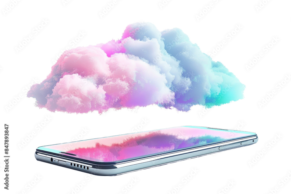 Poster modern smartphone with colorful cloud hovering above, representing digital cloud storage and technol