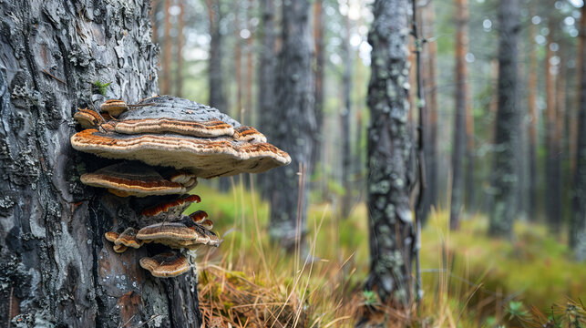 Fungi growing on tree trunk in a scenic forest setting