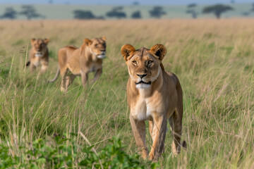 Fototapeta na wymiar Pride of lions on the hunt, stalking through tall grass with intense focus and determination as they search for prey