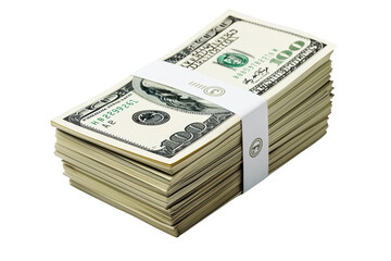 Stack of hundred-dollar bills neatly bundled with a white band, representing wealth, finance, and currency on a transparent background.