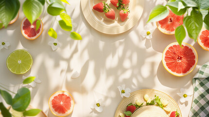 Bright summer table settingwith fresh fruits tropical citrus natural sunlight shadows empty frame border center eco-friendly gatherings vibrant bright vibrant sunny background outdoor advert campaign 