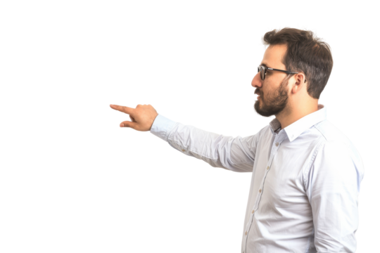 Young bearded man wearing glasses and white shirt, extending arm, gesturing or pointing, isolated on transparent background.