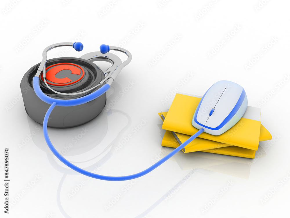 Poster 3d rendering yellow folder and lock connected stethoscope. data security concept