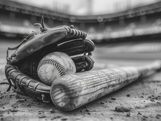 A classic pair of baseball gear, featuring a black and white photograph of a baseball bat and ball