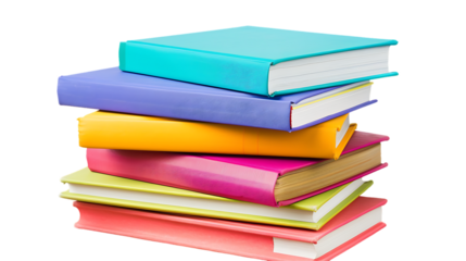 Stack of colorful books on wooden table isolated on transparent background