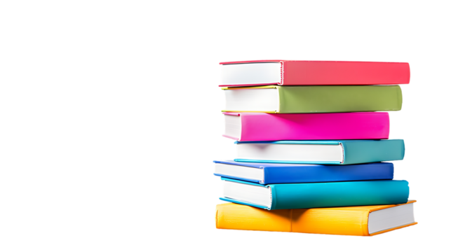 Stack of colorful books on wooden table isolated on transparent background
