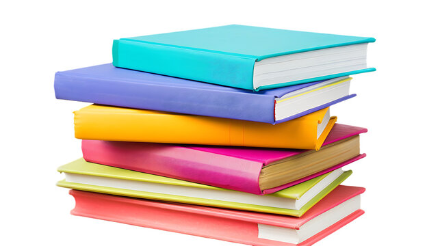 Stack of colorful books on wooden table isolated on transparent background