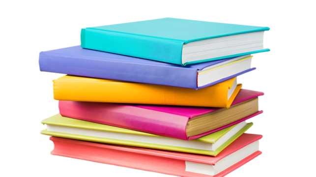 Stack of colorful books on wooden table isolated on transparent background