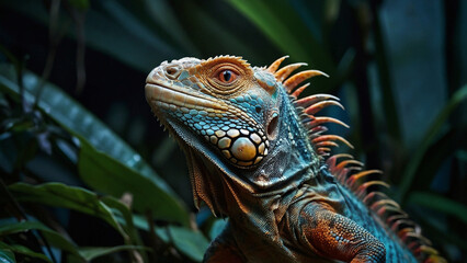 Fototapeta premium A sizable blue iguana with piercing red eyes and prominent spikes along its back, featuring orange and red accents in its skin color that highlight its distinctive appearance.