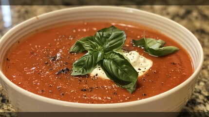 A comforting bowl of creamy tomato soup garnished with fresh basil leaves and a dollop of sour cream.