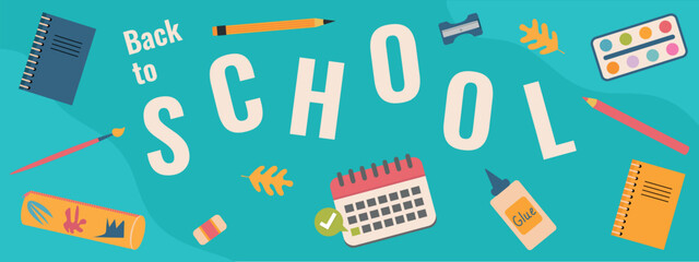 Back to school horizontal poster or web banner with school items. Vector illustration.