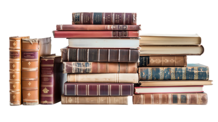 Stacks of educational books in university library isolated on transparent background