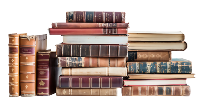 Stacks of educational books in university library isolated on transparent background