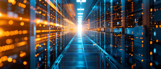 Servers lit up with blue and orange lights line a server room.