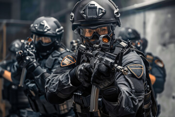 Fototapeta premium SWAT team raid, with heavily armed officers storming a building to apprehend dangerous criminals and rescue hostages, in a high-stakes operation