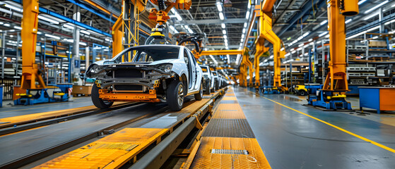 Fototapeta premium A modern car factory with robotic arms working on a car chassis on an assembly line.