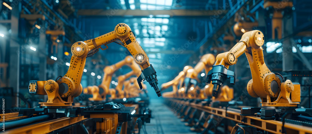 Poster a line of robotic arms in a modern, automated factory work on an assembly line.
