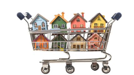 Supermarket cart full of small houses isolated on transparent background