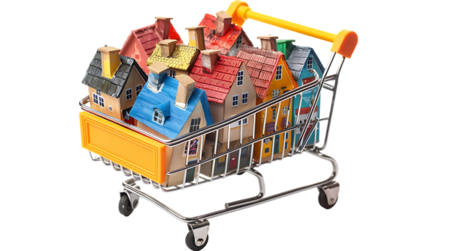 Supermarket cart full of small houses isolated on transparent background