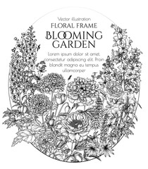 Vector frame blooming garden. Peonies, roses, irises, lupins, delphinium, decorative poppy, campanula 