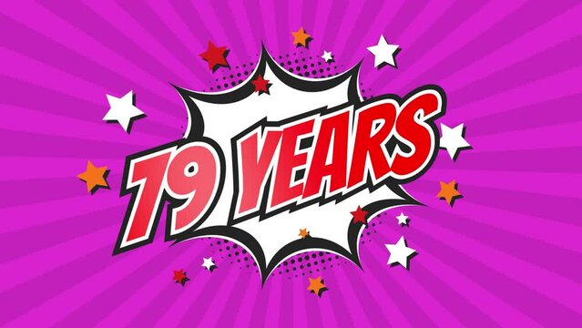 79th seventy-ninth anniversary - 79 seventy-nine years birthday. Animated text on pop colorful background with rotating rays.