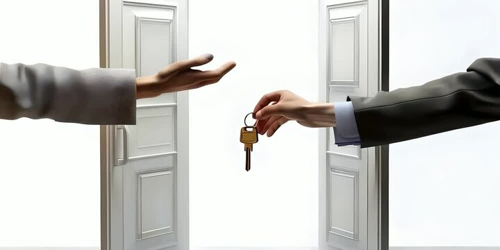 Real estate agent handing keys through an open door to a new owner representing property transfer, home purchase real estate transaction