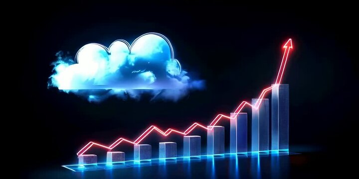 Graph with an upward trend bar chart and glowing cloud icon on a black background, illustrating financial market growth, data analysis investment success
