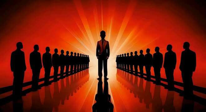 A strong leader stands in the center, surrounded by team silhouettes showing teamwork and leadership