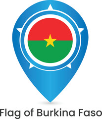 Pinpoint vector icon with Burkina Faso national flag isolated on white background. Map pointer symbol for website, gps navigator, apps. Illustration in flat design. Location marker. Geolocation mark
