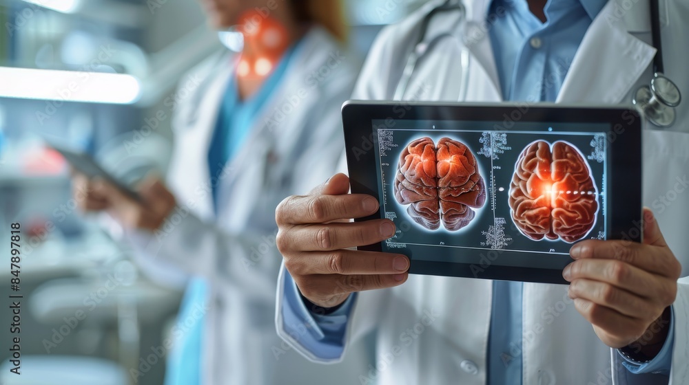 Aufkleber doctor showing a 3d of brain with pain in red on a digital tablet. patient holding his head behind t