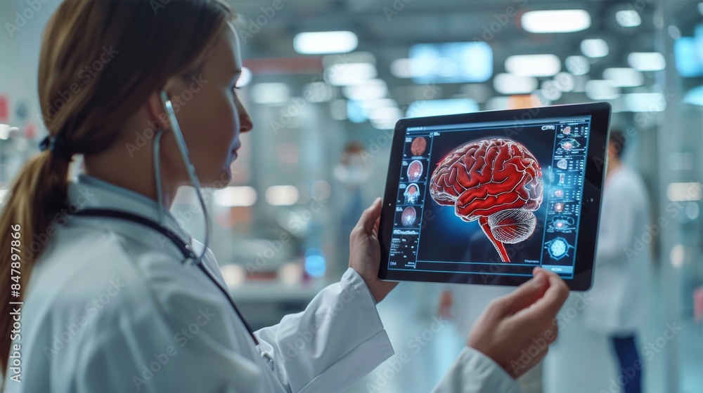 Aufkleber doctor showing a 3d of brain with pain in red on a digital tablet. patient holding his head behind t