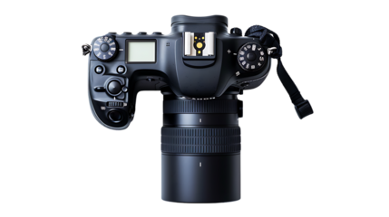 top view of digital camera and lens isolated on transparent background