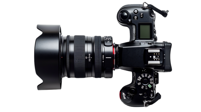 top view of digital camera and lens isolated on transparent background